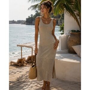 Universal Thread Womens Tan Knit Sleeveless Midi Sweater Dress Crochet S NEW